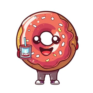 Cute Donut Mascot Drinking Soda Cola Adorable Baked Bakery Png