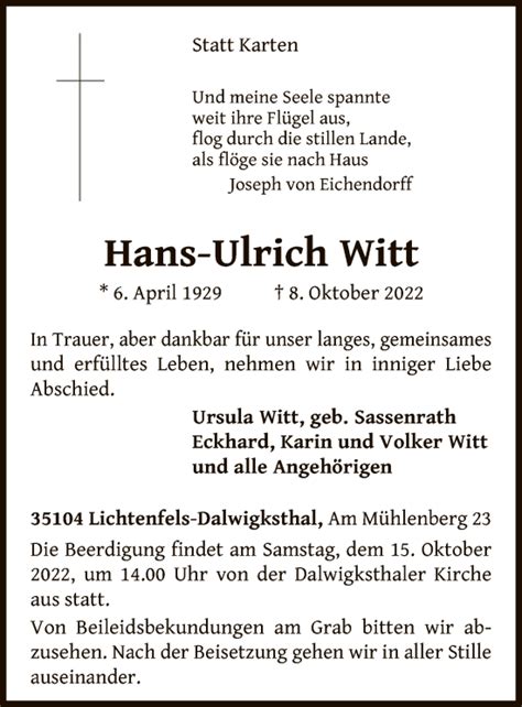 Traueranzeigen Von Hans Ulrich Witt Trauer Wlz Online De