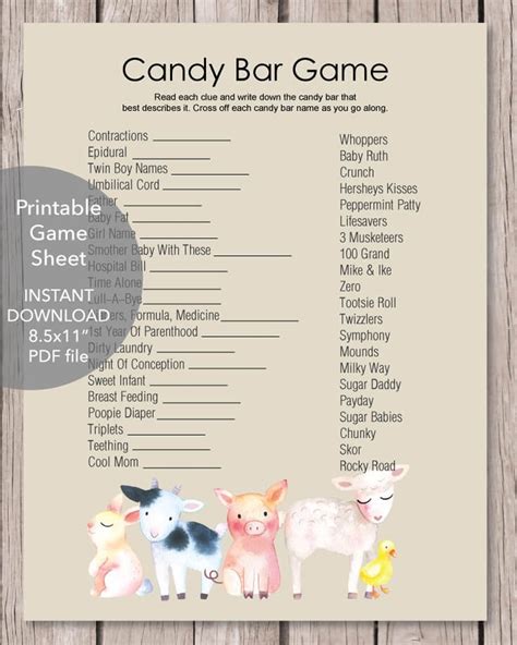 Printable Baby Shower Candy Bar Game Baby Farm Animals Theme Baby