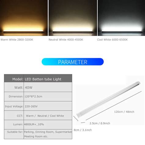 Ft Led Strip Lights Batten Tube Light Office Shop Garage Ceiling Lamp