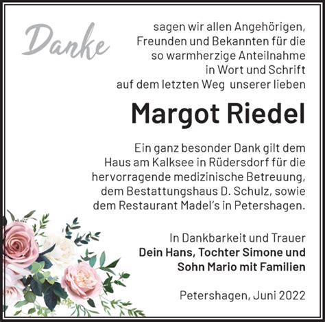 Traueranzeigen von Margot Riedel Märkische Onlinezeitung Trauerportal