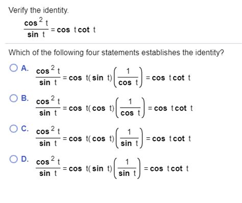 Solved Verify The Identity Cost Cos Tcott Sint Which Of The Chegg