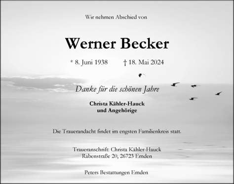 Traueranzeigen Von Werner Becker Nordwest Trauer De