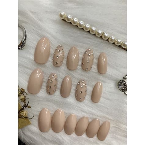 Nude With Rhinestones Handmade Press On Nails Handpainted With High Quality Gel Polish