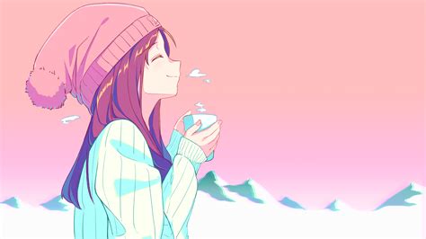 Tea Anime Girls Pink Background Drinking Sweater Hat Smiling Cup ...