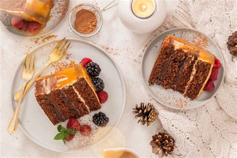 Delicious Semi Naked Chocolate Cake With Caramel Topping And Decorated With Blackberries And