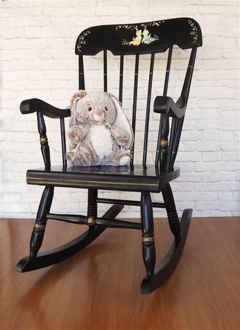 Vintage Childrens Rocking Chair Black Wooden Folk Art Rocker