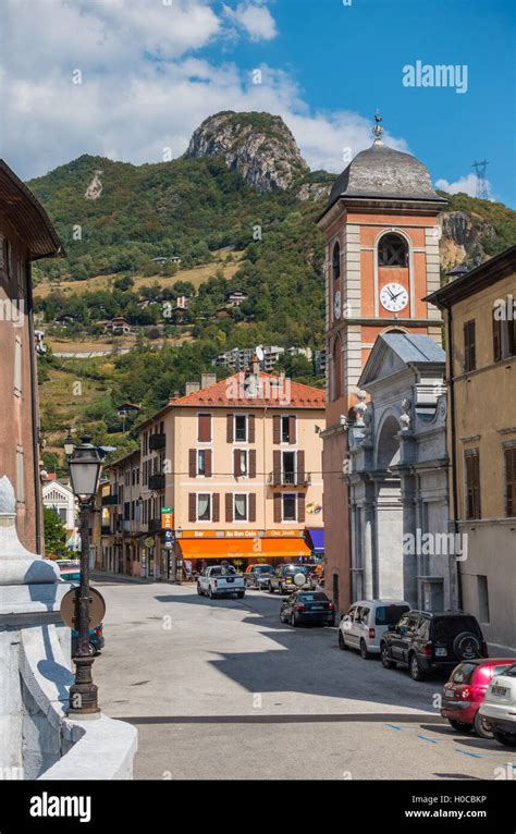 Traditional buildings in Moutiers, France, on the Isere River Stock ...