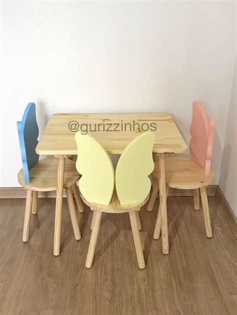 Conjunto Mesa Infantil Pinus E Cadeira Borboletas Cadeira Infantil De