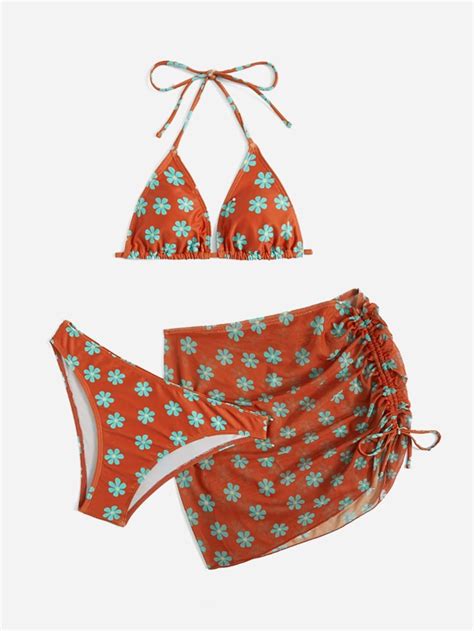 ROMWE X Gabiciamp 3pack Floral Print Halter Bikini Swimsuit Ruched