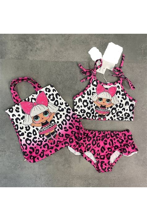 TRENDİMİZBİR Çantalı Üçlü Kız Çocuk Fırfırlı Bikini Takım Üstü Baskılı Kız Çocuk Mayo Fiyatı