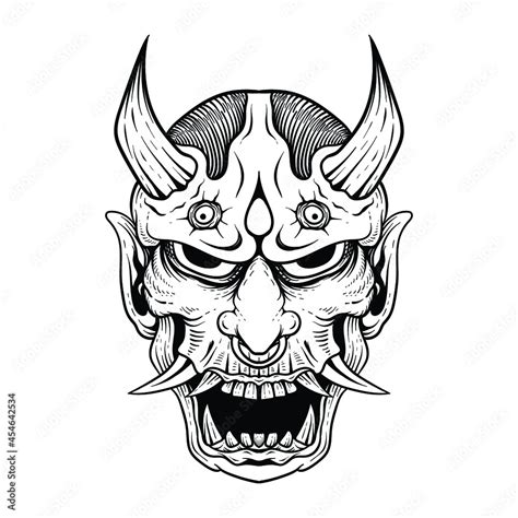 Japanese Tattoo Hannya Mask Oni Line Art Lack And White Halloween