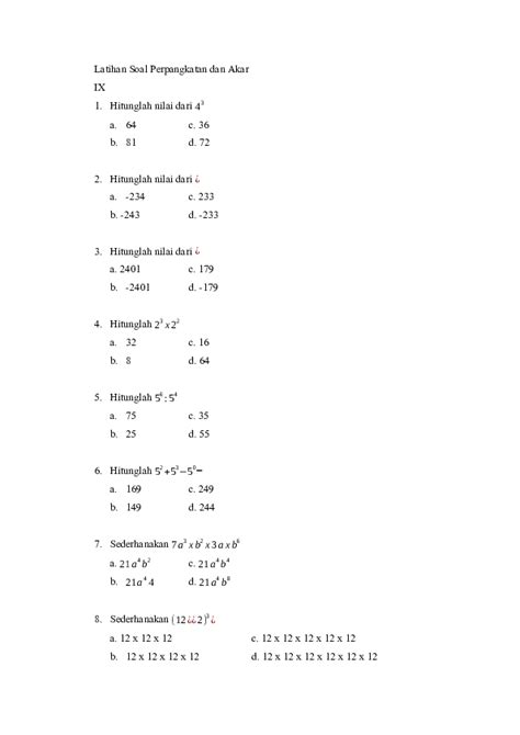 Doc Latihan Soal Perpangkatan Dan Akar Kelas Ix Ganjil