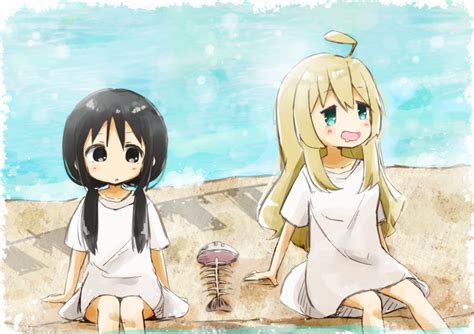 Safebooru 2girls Ahoge Black Eyes Black Hair Blonde Hair Blue Eyes