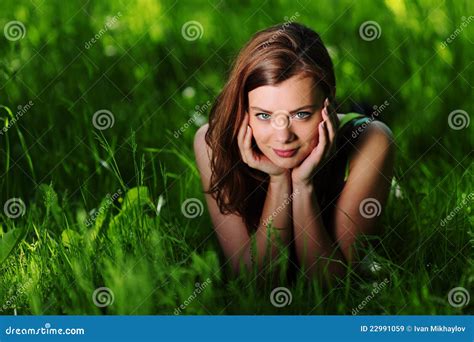 Brunette Lying On Green Grass Stock Image Image Of Plant Expression