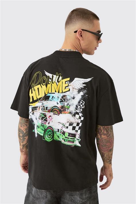 Oversized Extended Neck Race Car Graphic Back Print T Shirt Boohoo Uk