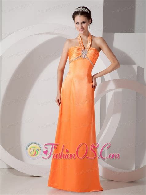 Popular Orange Red Column Halter Evening Dress Satin Beading And Ruch