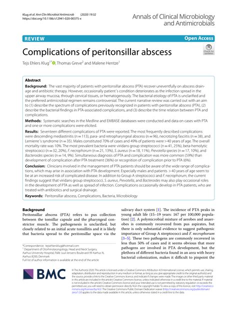 Pdf Complications Of Peritonsillar Abscess