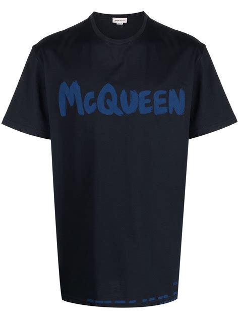 Alexander Mcqueen Logo Print Cotton T Shirt Blue Farfetch Uk