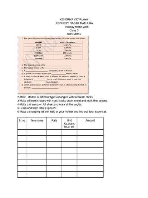 Class 5 Maths Holiday Homework Pdf