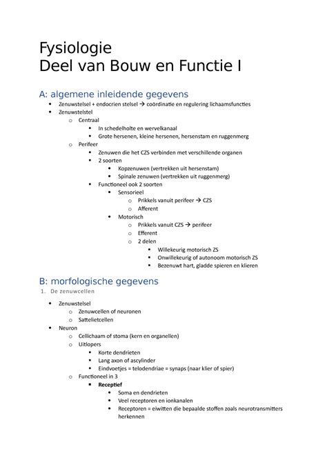 Fysiologie Les Fysiologie Deel Van Bouw En Functie I A Algemene