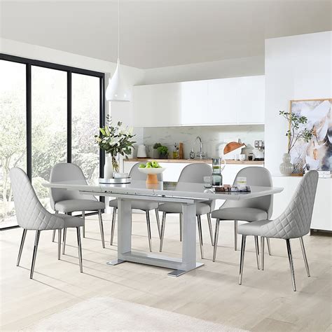 Tokyo Extending Dining Table And 4 Ricco Chairs Grey High Gloss Light Grey Premium Faux Leather