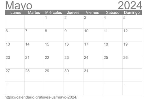 Calendario Mayo 2024 de Estados Unidos de América en español