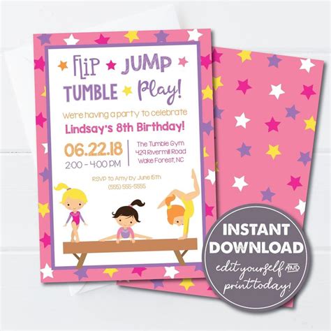 Editable Gymnastic Birthday Party Invitation Template Instant Etsy