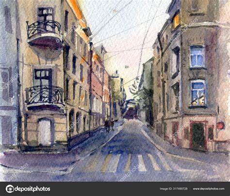 City Landscape Sketch Watercolor Hand Drawn Illustration Stock Photo