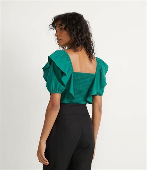 Blusa Cropped Em Tricoline Manga Curta Bufante Verde