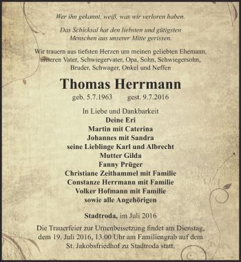 Traueranzeigen Von Thomas Herrmann Trauer In Thueringen De