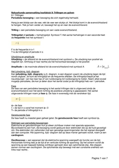 Natuurkunde Sm Pww 2 Vwo Samenvatting Trillingen En Golven