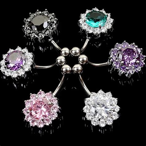 Stainless Steel Flower Petal Navel Piercing Crystal Belly Button Rings