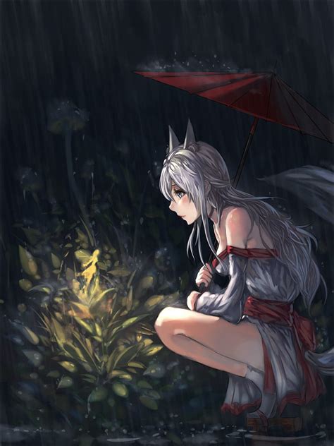 Kuroduki Anime Chicas Anime Chica Zorro Lluvia Paraguas Fondo De