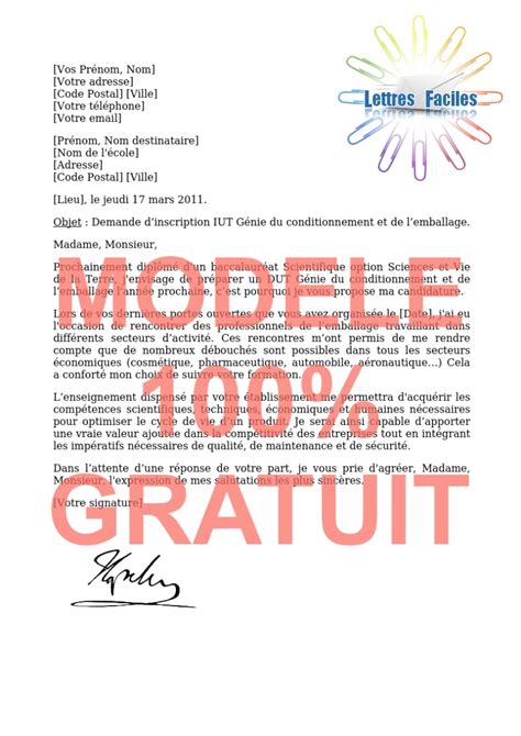 Lettre de motivation DUT Génie du conditionnement et de lemballage