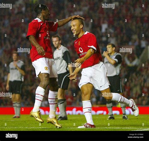 Manchester Uniteds Mikael Silvestre Celebrates Scoring Against PSV