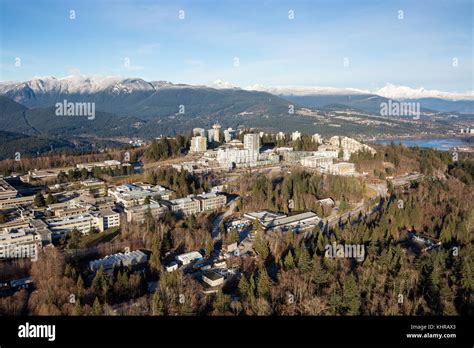 Aerial view of Simon Fraser University (SFU) on Burnaby Mountain ...