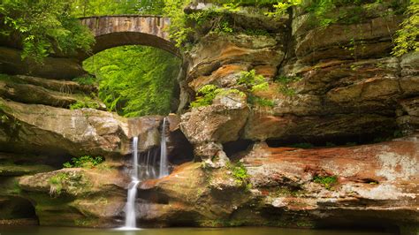 The Upper Falls Waterfall And Bridge In Hocking Hills State Park Ohio