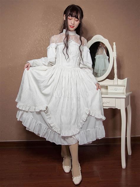 Classic Lolita Op Dress Lace Ruffle Pleated Chiffon White Lolita One