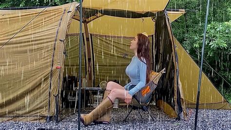 Camping In The Rain Rainstorm Enjoying Relax Solo Tent Shelter Camping