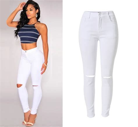 High Waist Cotton Women Jeans Slim Stretch Fashion Knee Hole White