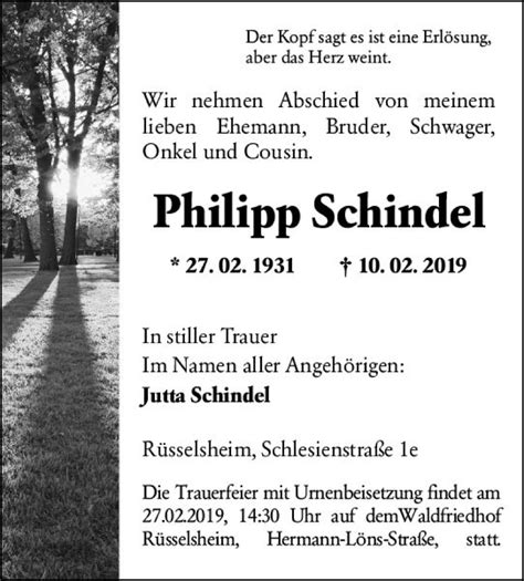 Traueranzeigen Von Philipp Schindel Vrm Trauer De