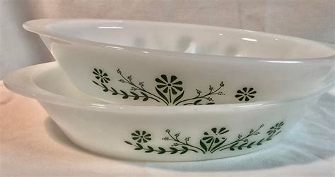 Pyrex Glass Divided Serving Bowls Green Floral Set Of Two Etsy