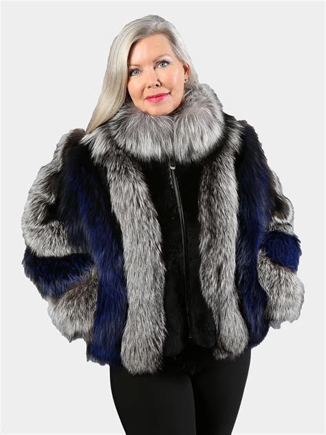 Womens Natural Silver Fox And Royal Blue Fox Fur Jacket Day Furs