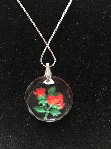 Vintage Reverse Etched Rose Pendant Necklace Vintage Rose Etsy