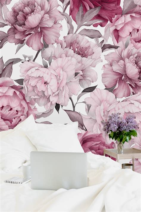 Pink Peony On White Background Removable Wallpaper Peel And Etsy