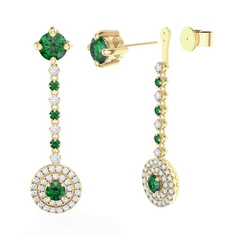 Fusion Emerald And Diamond 18ct Yellow Gold Stud Halo Drop Earrings Set