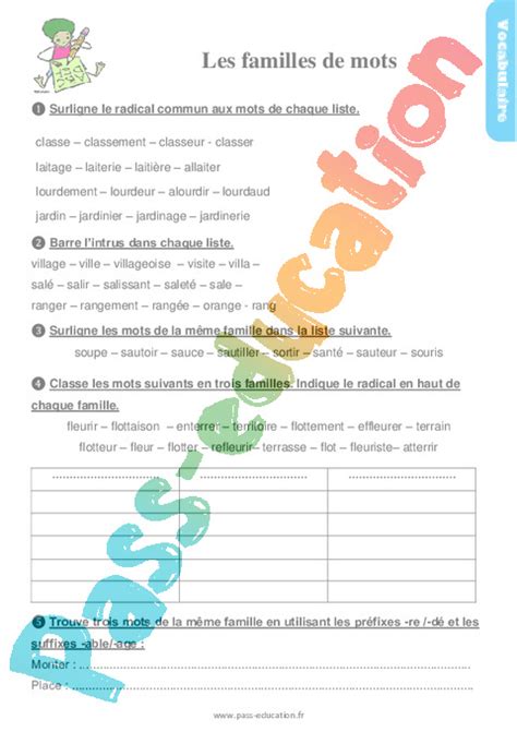 Les Familles De Mots Tude De La Langue Exercices Avec Les Corrig S