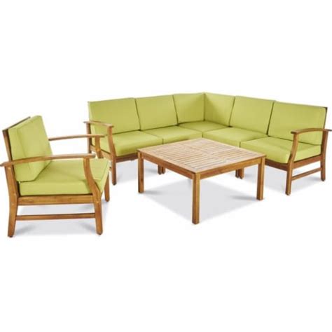 Noble House Perla Outdoor 7 Pc Teaked Acacia Wood Sofa Set With Green