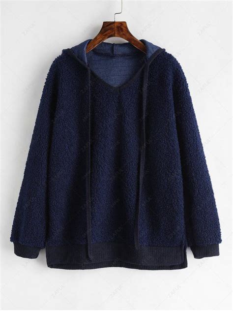 [29 Off] 2021 Side Slit Fluffy Hoodie In Midnight Blue Zaful